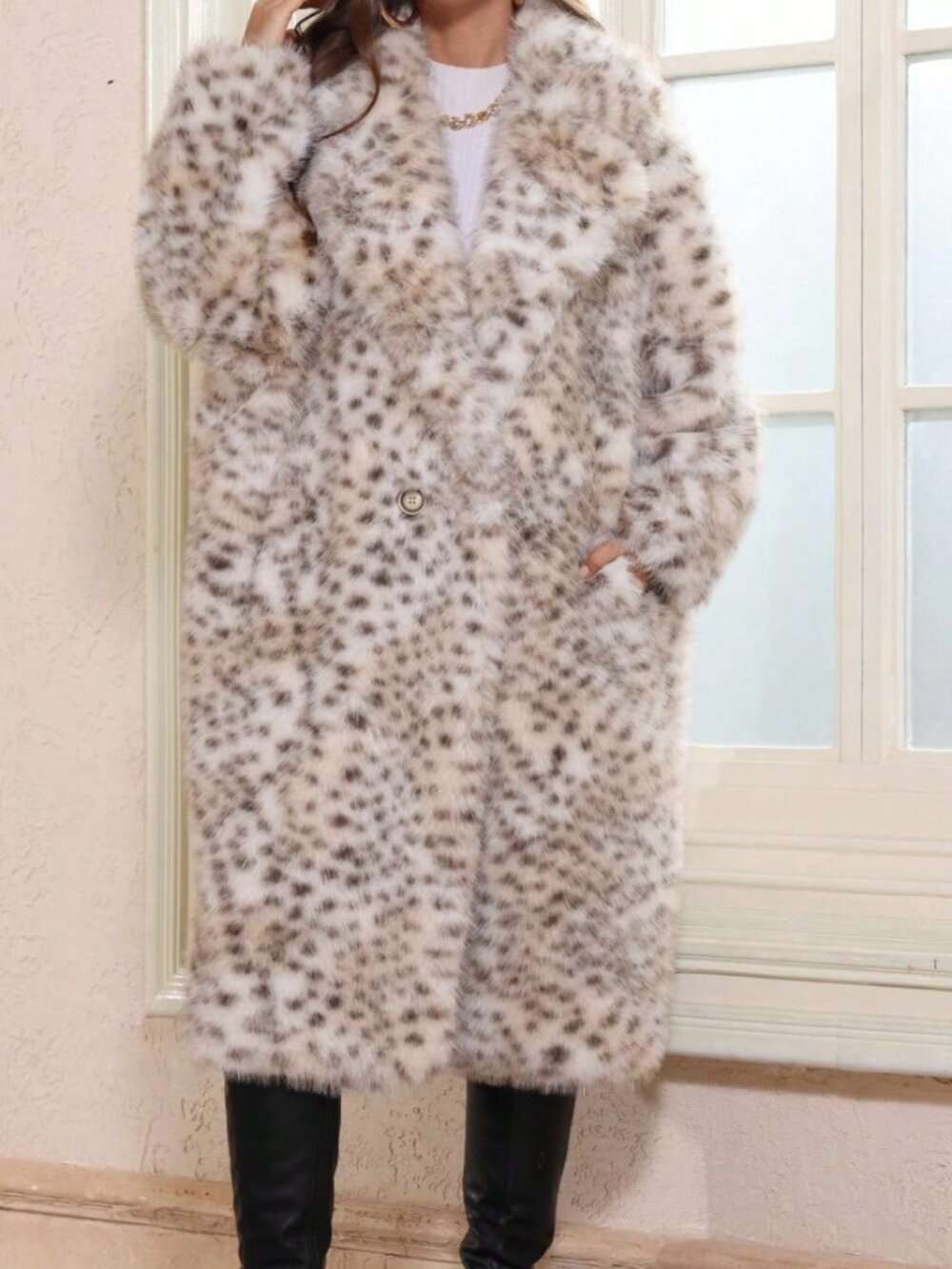 Leopard Print Casual Women's Long Loose Coat With Lapel Collar - Picture 3 of 12